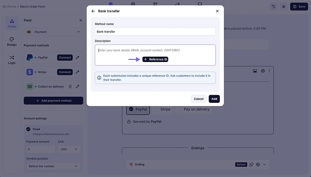 An image showing the settings available for the Bank transfer option