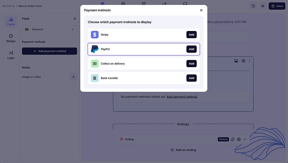 An image showing how to enable the PayPal option from the Payment field settings area