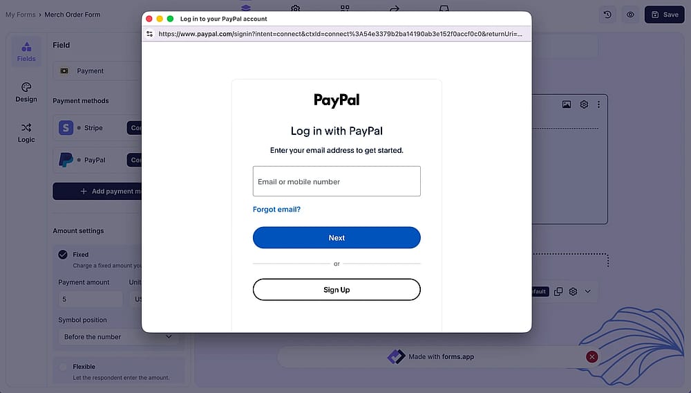 An image showing the pop-up appearing where you need to log in to your PayPal account
