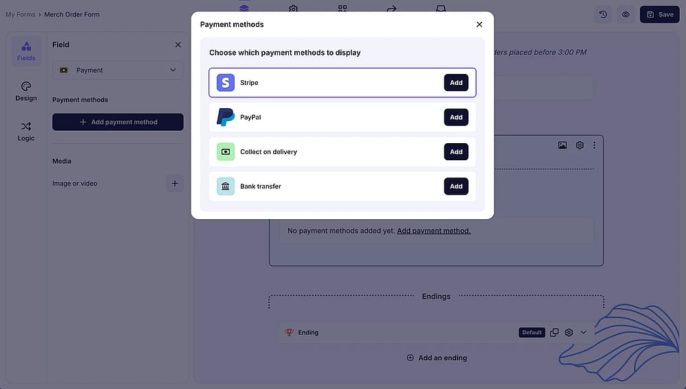 An image showing how to enable the Stripe option from the Payment field settings area