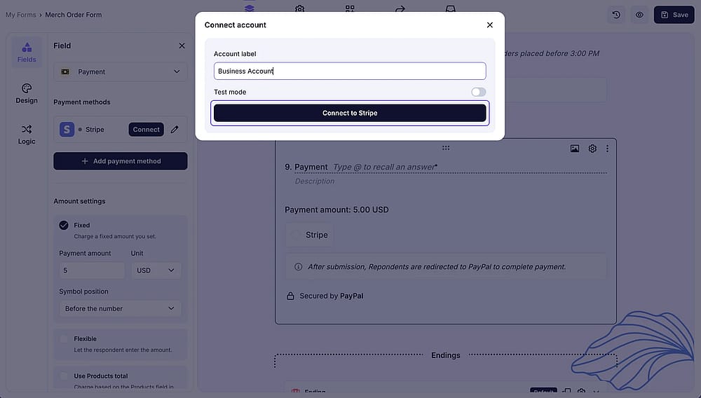 An image highlighting the “Connect to Stripe” button in the field settings