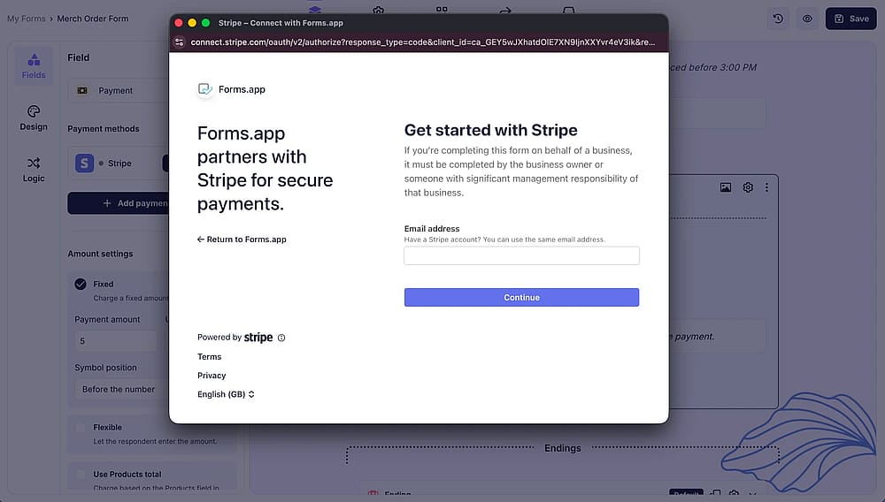 An image showing the pop-up appearing where you need to log in to your Stripe account