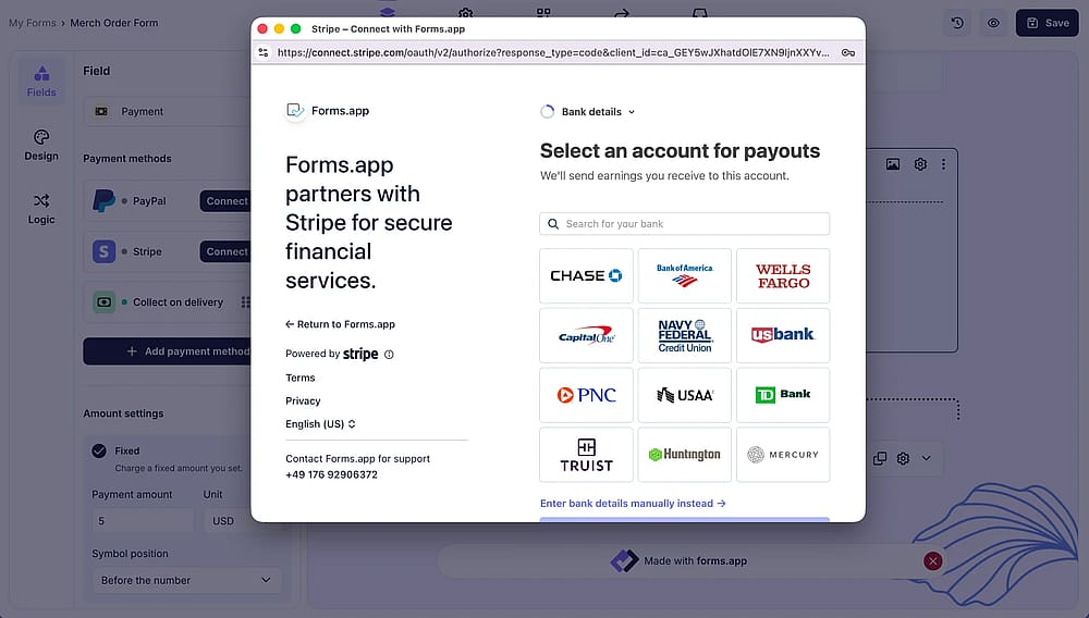 An image showing the Stripe page, where you need to enter your personal information