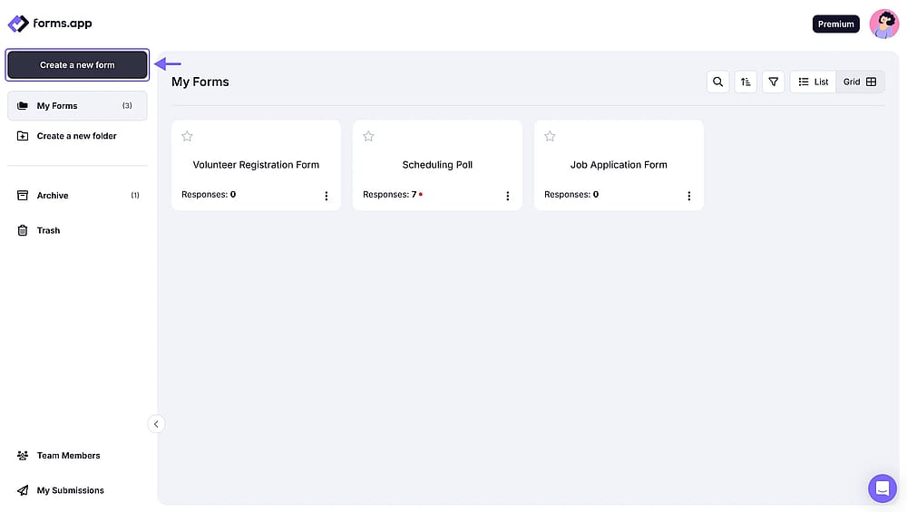 The&nbsp;“Create a new form” button on forms.app dashboard
