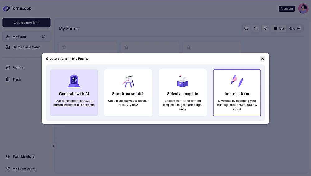 Choosing the “Import a form” option on forms.app