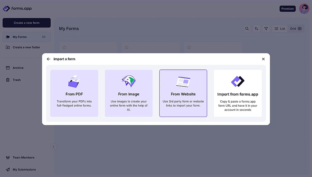 Choosing the “From website” option on forms.app