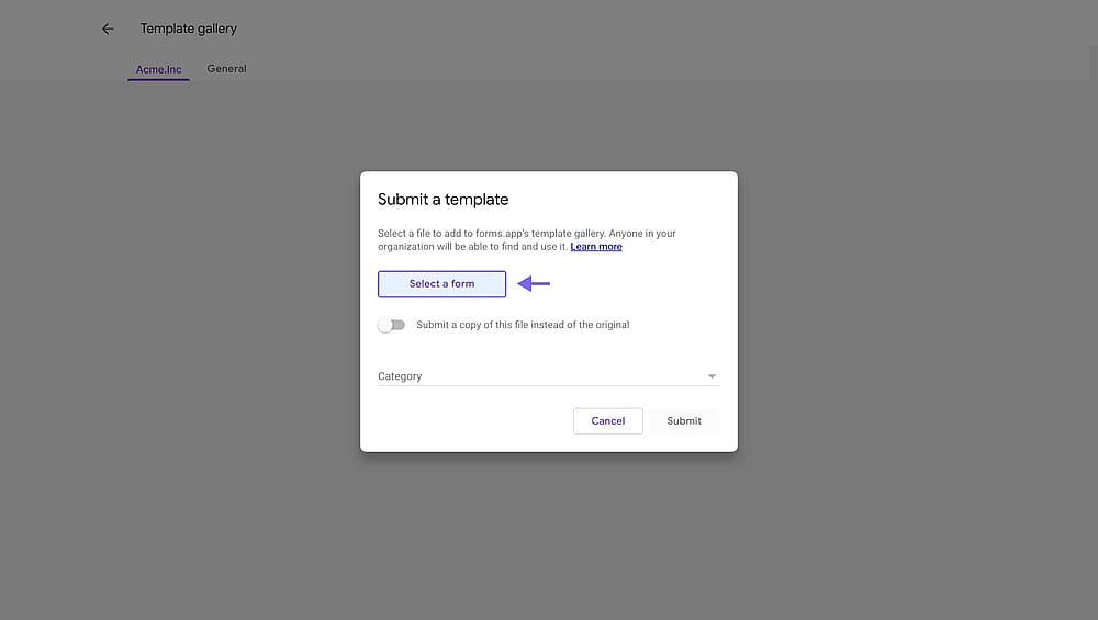 The location of the “Select a form” button