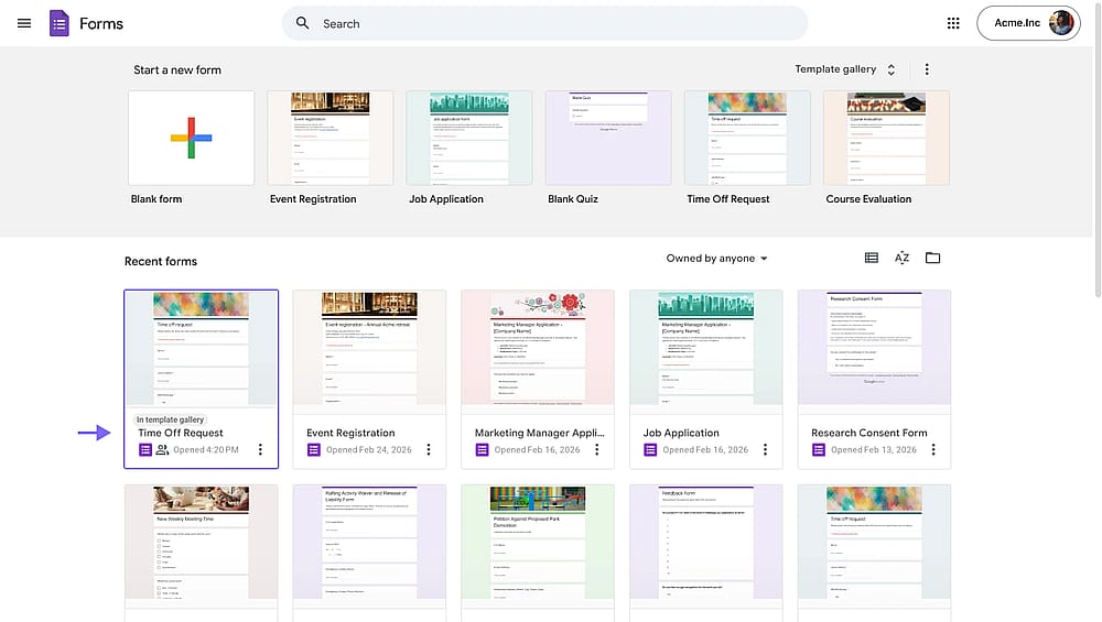 Using a custom Google Form template