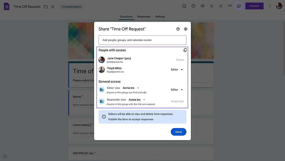 Changing the form's sharing settings