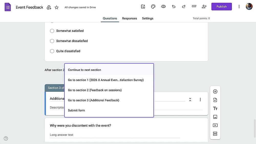 Google Forms'da Bölüm yönlendirme seçenekleri