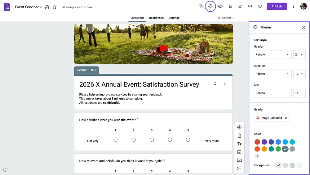 Google Forms tema menüsü