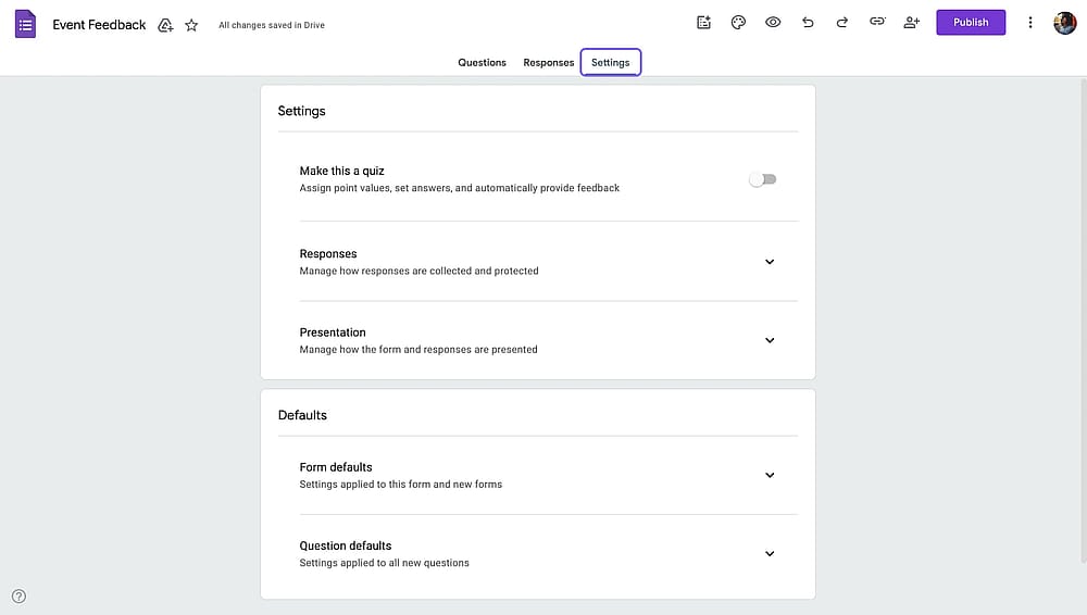 Google Forms ayarlar sekmesi