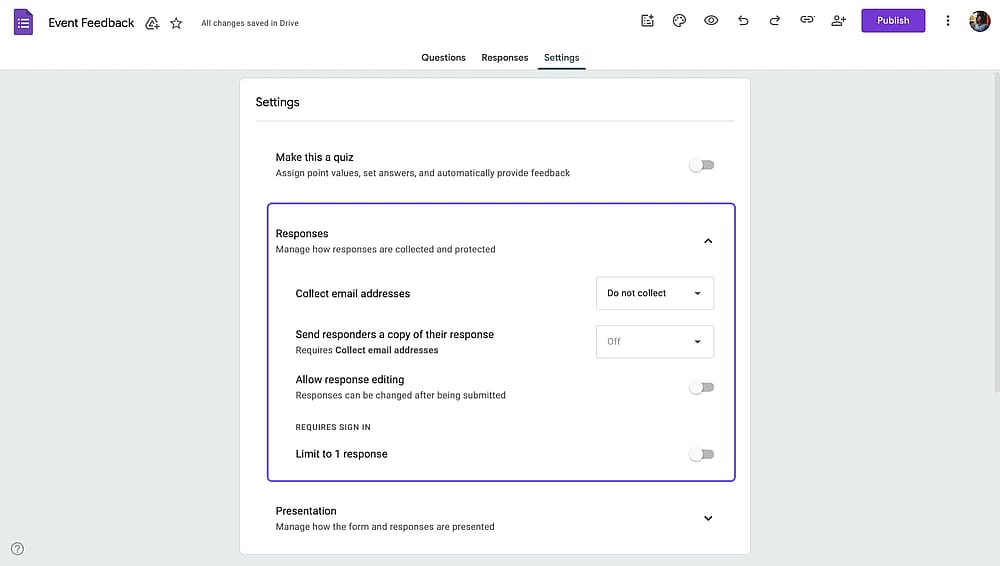Google Forms “Yanıtlar” ayarları