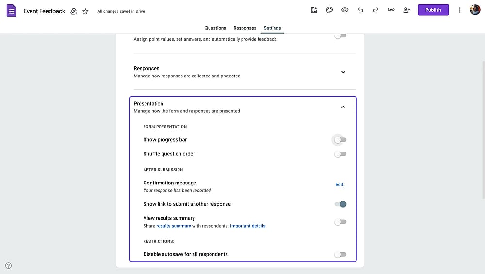 Google Forms “Sunum” ayarları