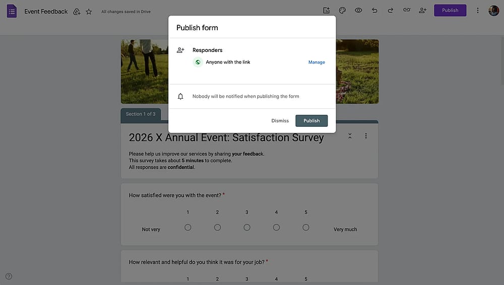 Google Forms “Yayınla” menüsü