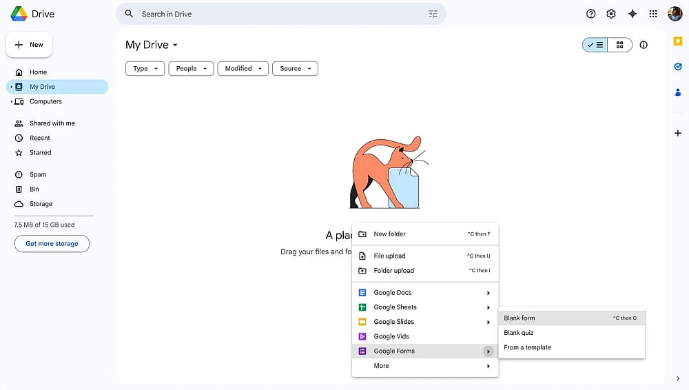 Google Drive'daki sağ tıklama menüsünden Google Forms seçeneği