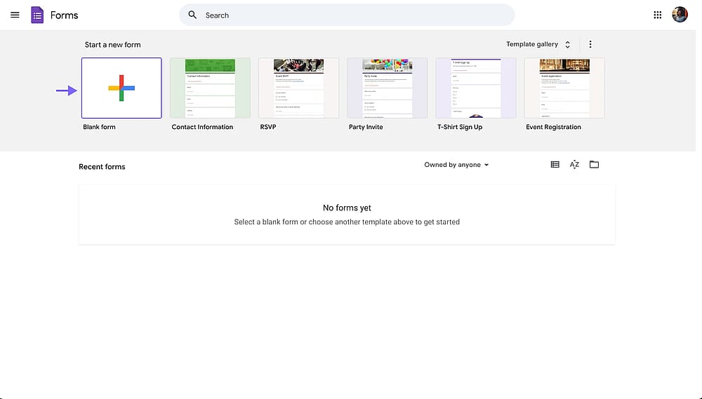 Google Forms panelindeki boş form seçeneği