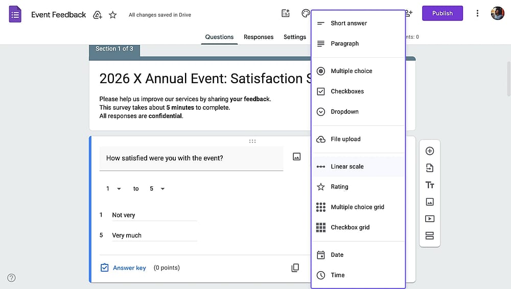 Google Forms’daki soru türü açılır menüsündeki seçenekler