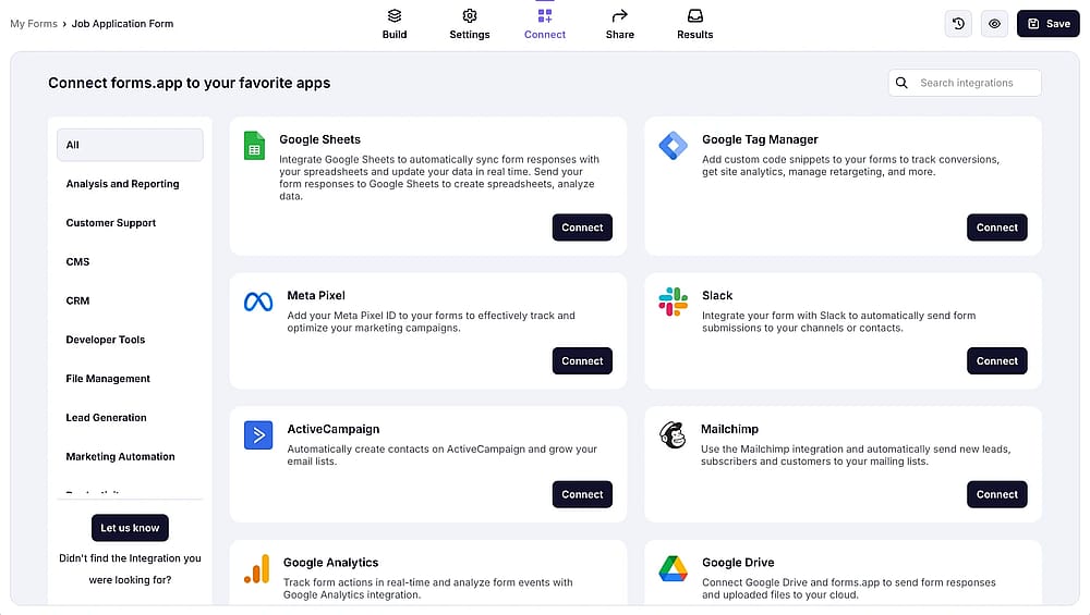 Connect your application form to other apps