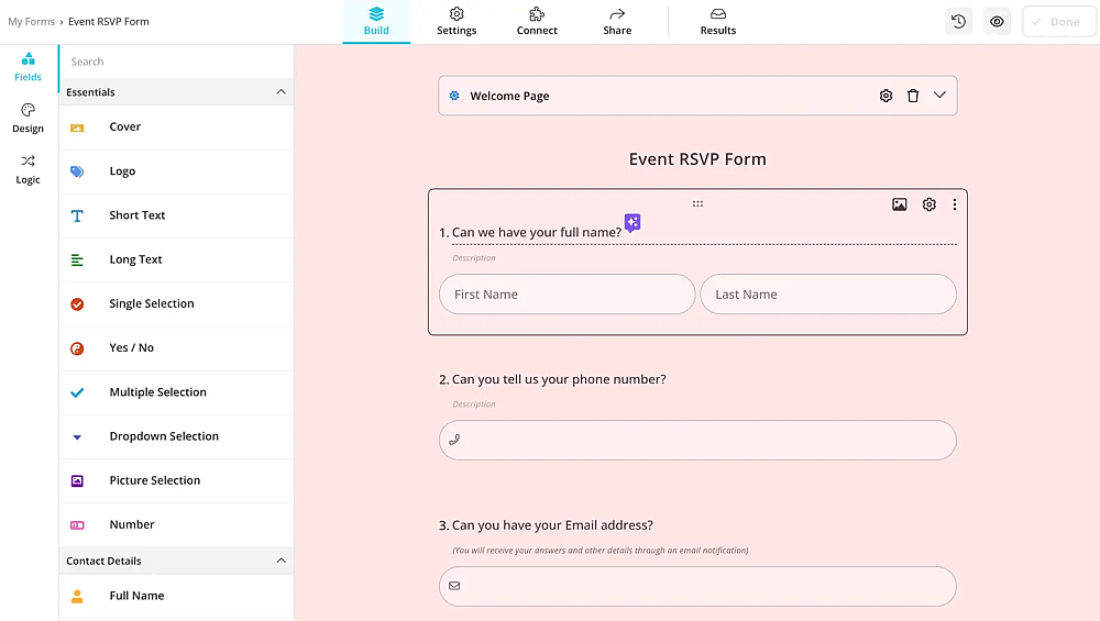 Add the essential questions to your RSVP form