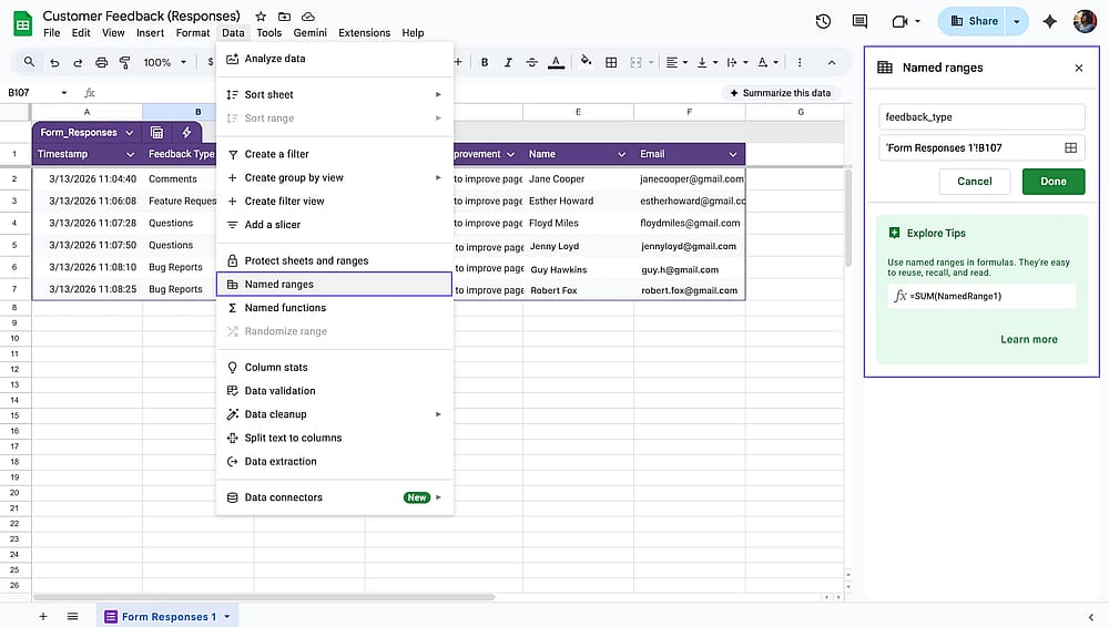 Benennen von Datenbereichen in den verknüpften Google Sheets