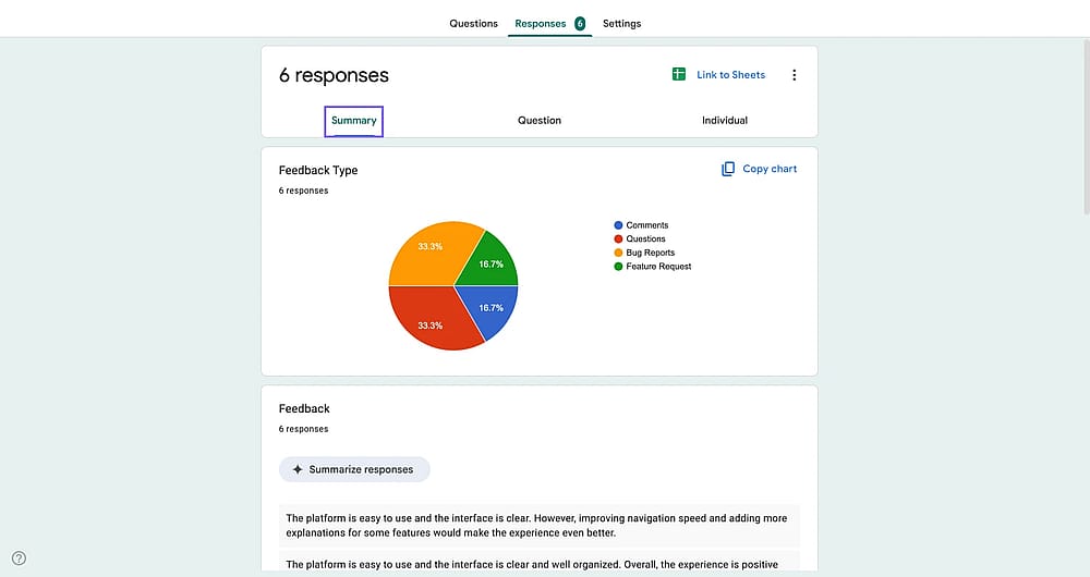 Zusammenfassungstab auf Google Forms