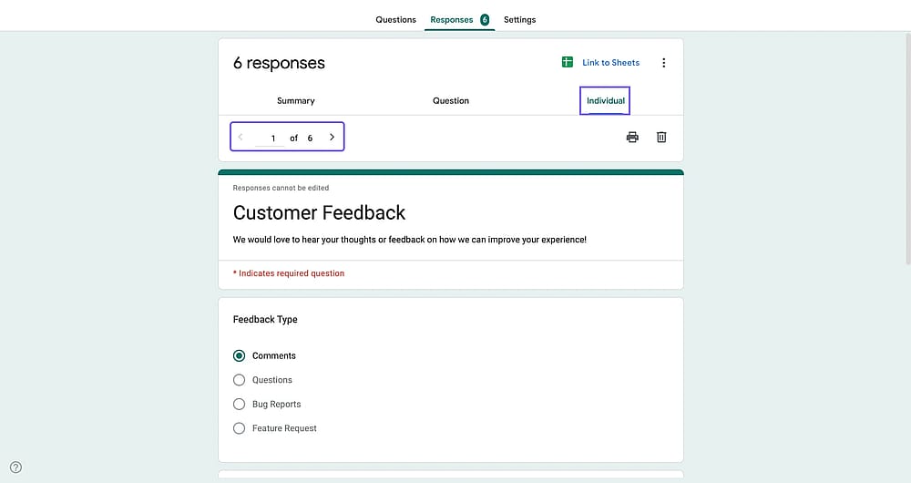 Einzelpersonen-Tab auf Google Forms