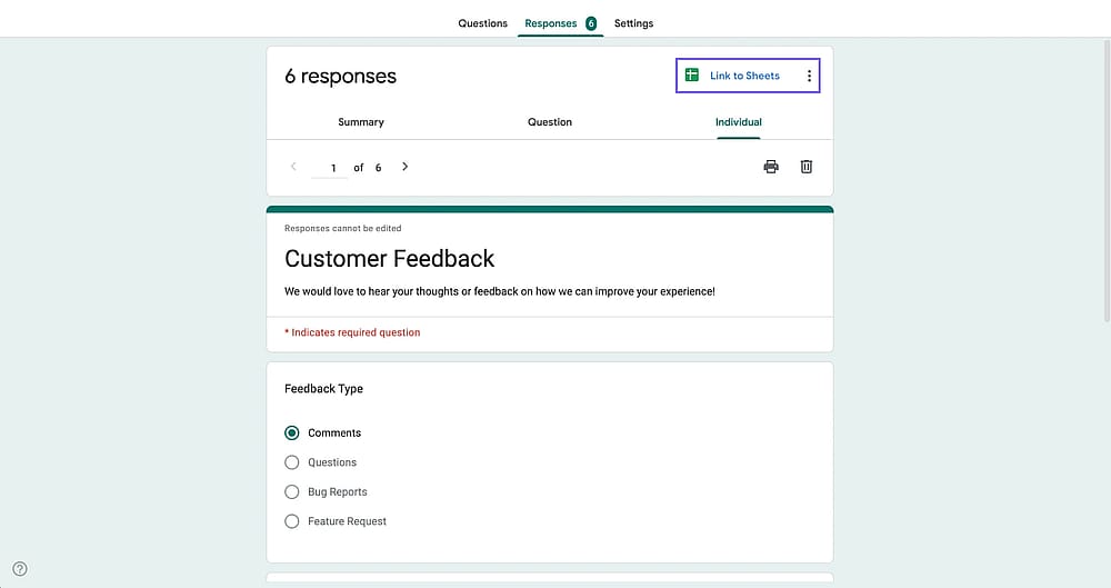Google Tabellen Verknüpfungsoption auf Google Forms