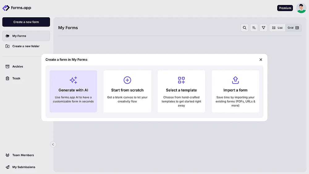 An image showing the creation options you can view once pressing the “Create a new form” button on your dashboard