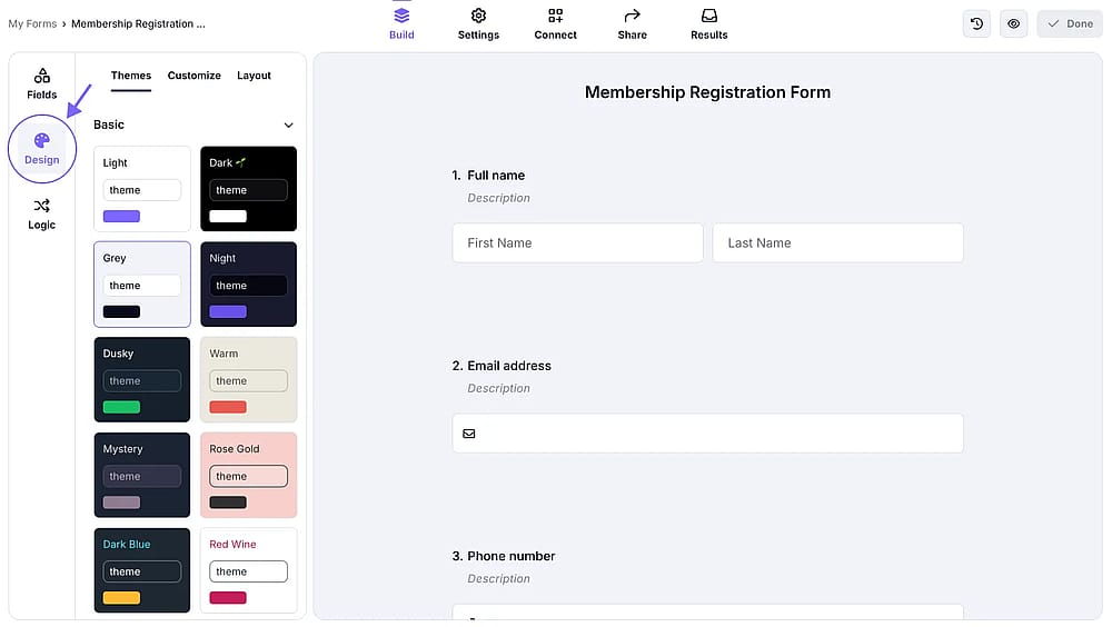 An image showing how you can access the “Design” tab and customize your form as needed