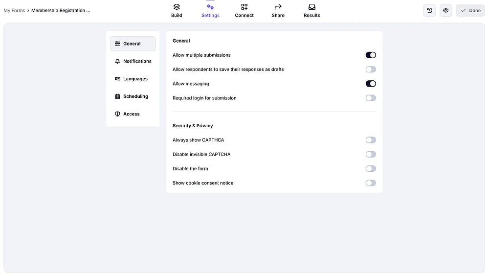 An image showing how you can access the “Settings” section to check all the settings of your form