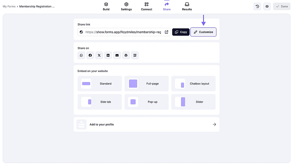 An image showing the “Customize” button in the “Share” section, you need to click to start preview editing