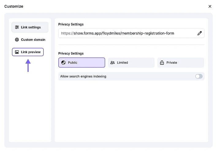 An image showing the “Link preview” section you need access to in the Customize tab