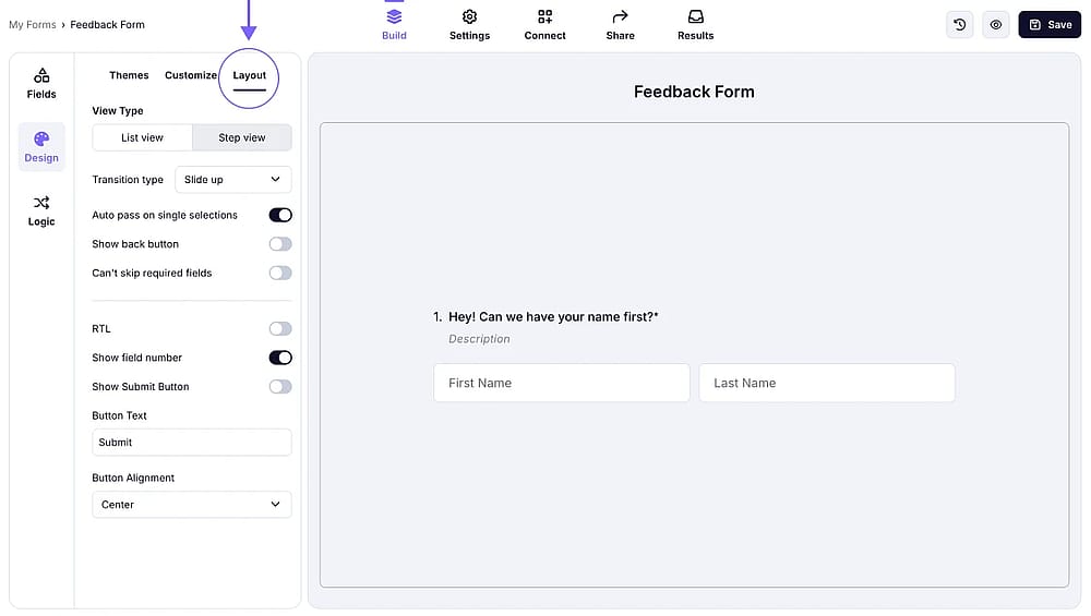 An image showing the “Design” tab and the “Layout” button