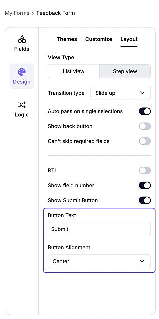 An image showing the “Button Text” and “Button Alignment” options for your submit button