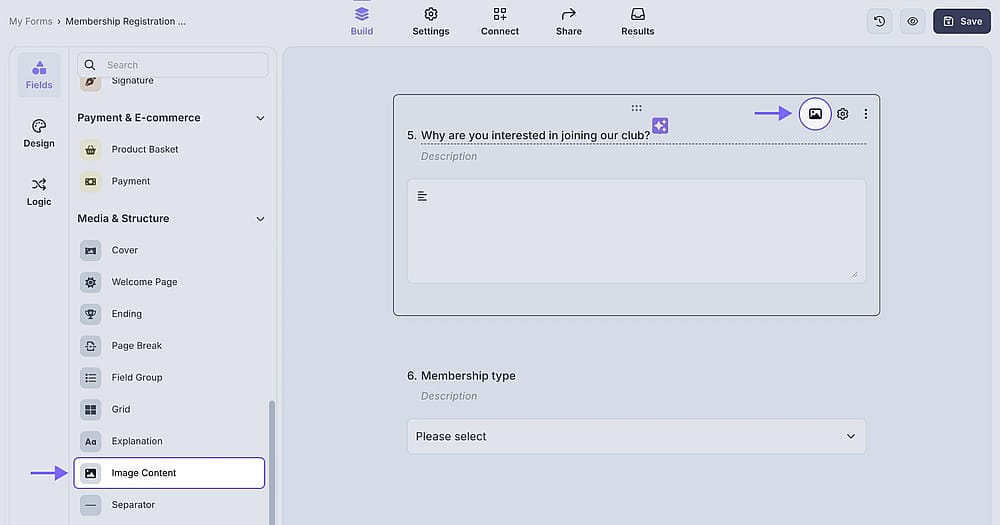 An image showing the “Image content” field, which you can easily add from the field menu on the left