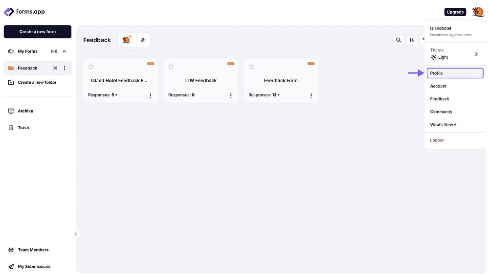 An image showing how you can access your forms.app profile editing page by clicking the profile picture on the upper right corner and selecting the “Profile” option