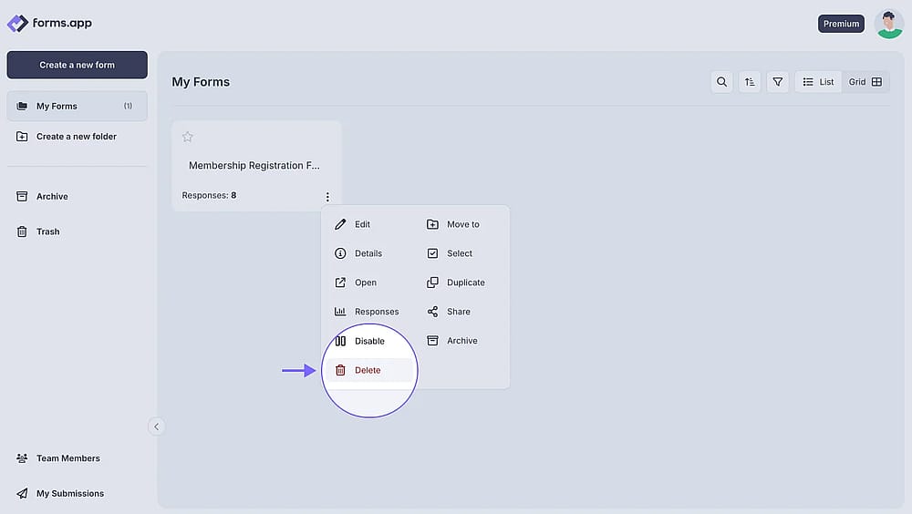 An image showing how you can find the Delete option by clicking the form on your Dashboard