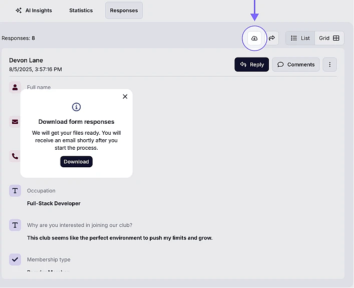 An image showing the Download icon you need to press to start the downloading of your responses