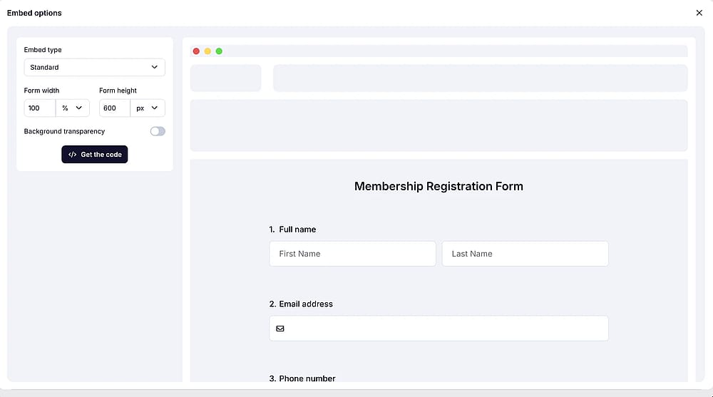 An image showing the screen where you can get the embed code once you select the “Standard” embed option
