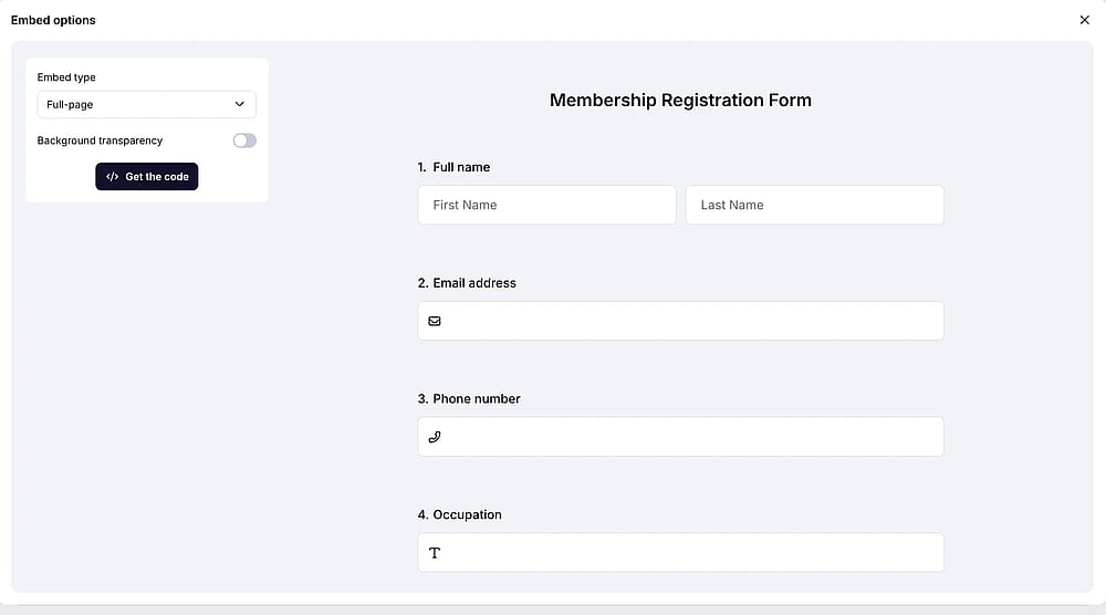 An image showing the screen where you can get the embed code once you select the “Full-page” embed option