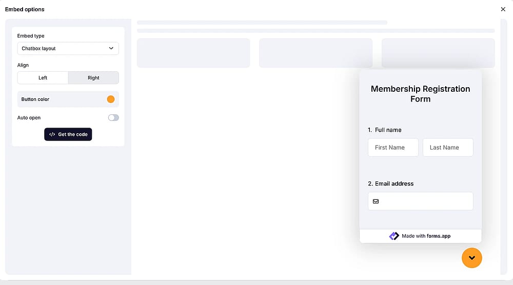 An image showing the screen where you can get the embed code once you select the “Chatbox layout” embed option