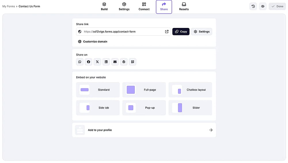 An image showing the “Share” section of the form on forms.app platform