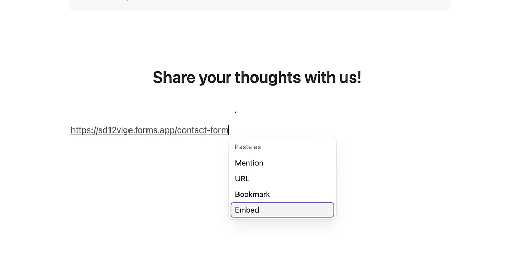 An image showing the dropdown menu that appears once you paste your form URL and the “Embed” option that you need to choose