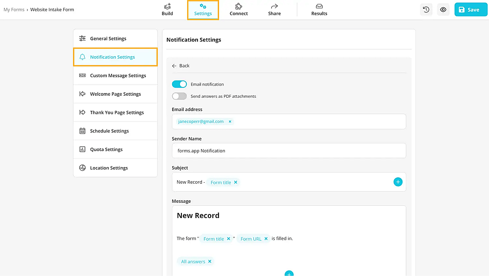 Customize notification settings to receive emails