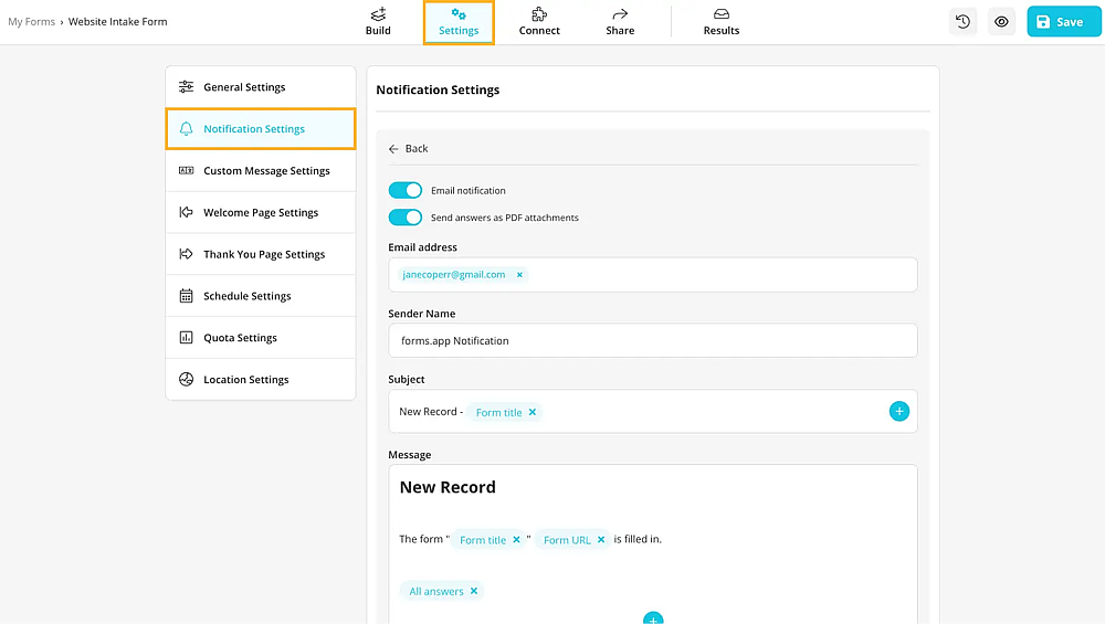 Customize notification settings to send emails