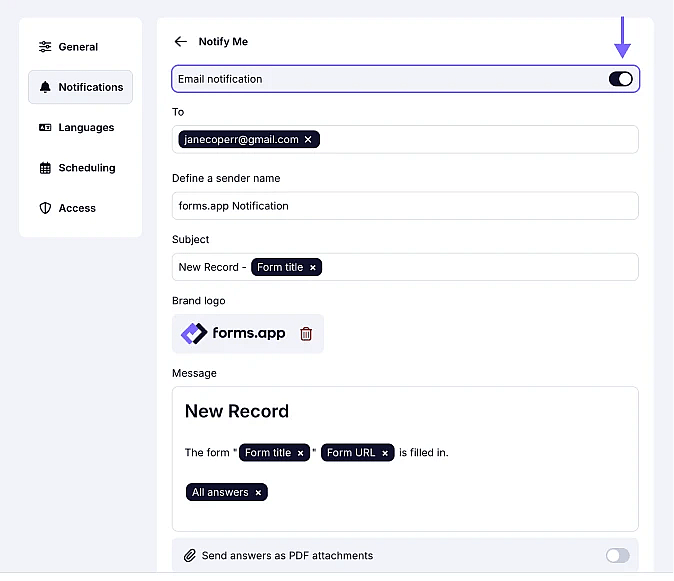 An image showing turning on the “Send email to the submitter” toggle in the “Notify Respondents” section