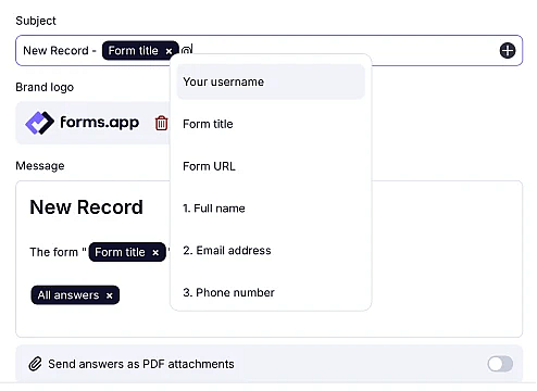 An image showing the addition of variables of form fields, which you need to add to the submitter notification message