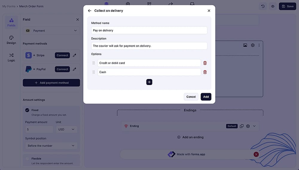 An image showing the “pay on delivery” settings