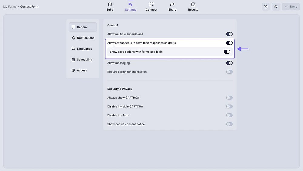 An image showing how you can enable the “Allow respondents to save their responses as drafts” option from the “General” tab of your form settings